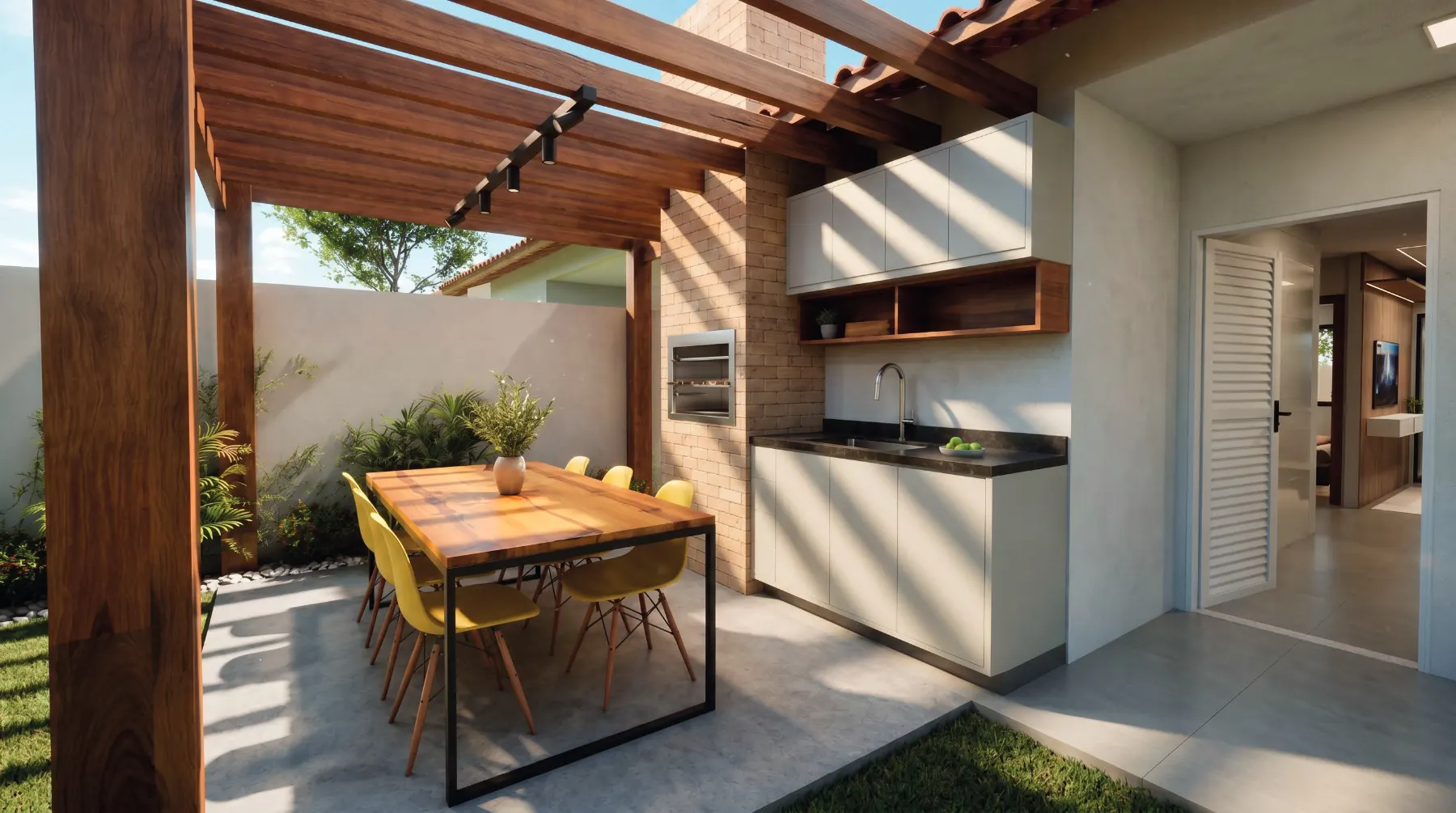 Quintal com pergolado, mesa e bancada para churrasco